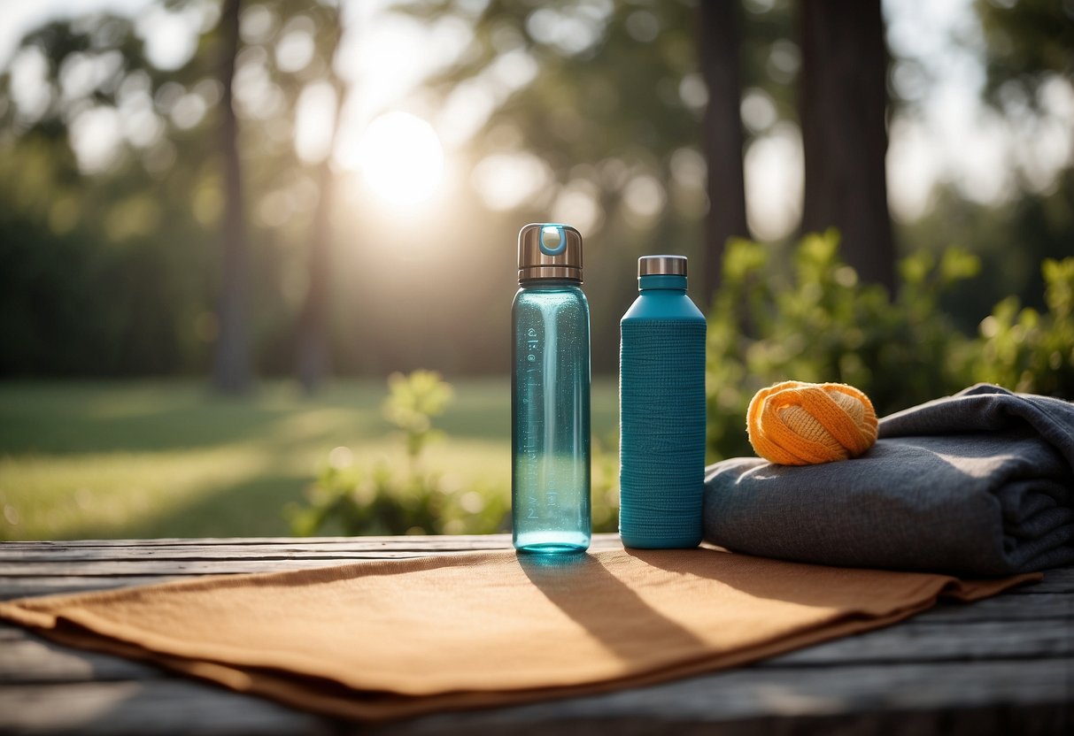 A serene outdoor setting with a yoga mat, water bottle, sunscreen, and comfortable clothing. Surroundings include trees, grass, and a clear sky