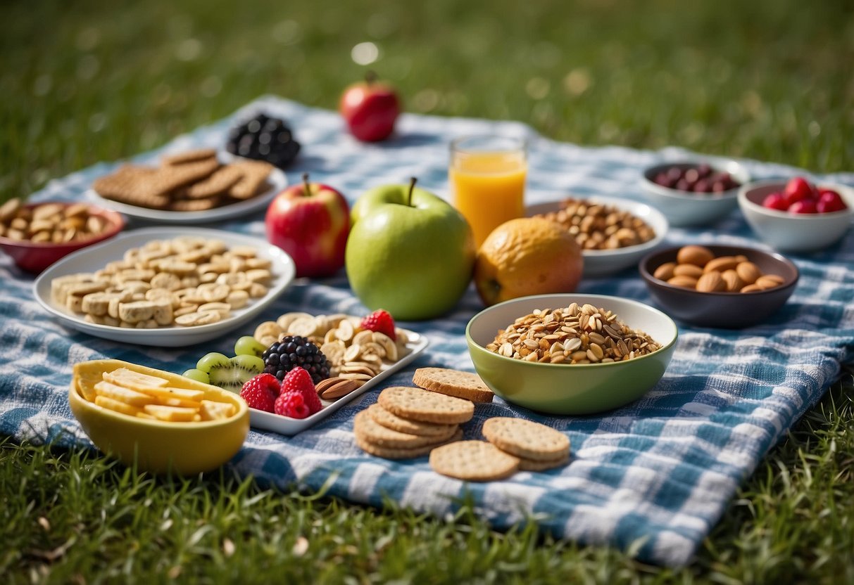 A picnic blanket spread out on lush green grass, adorned with an assortment of colorful and appetizing snacks such as fresh fruit, granola bars, nuts, and hummus with veggie sticks