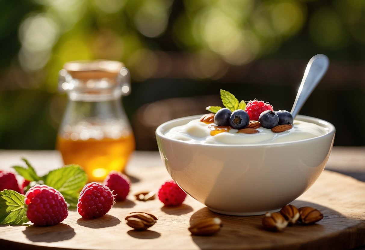 A bowl of Greek yogurt topped with a drizzle of golden honey, surrounded by fresh berries and nuts, set on a wooden board in a lush outdoor yoga setting