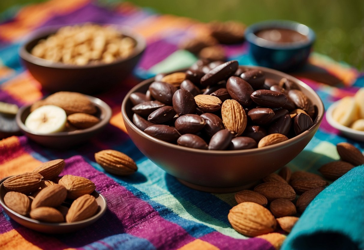 A bowl of dark chocolate almonds surrounded by other snacks on a colorful picnic blanket at an outdoor yoga session