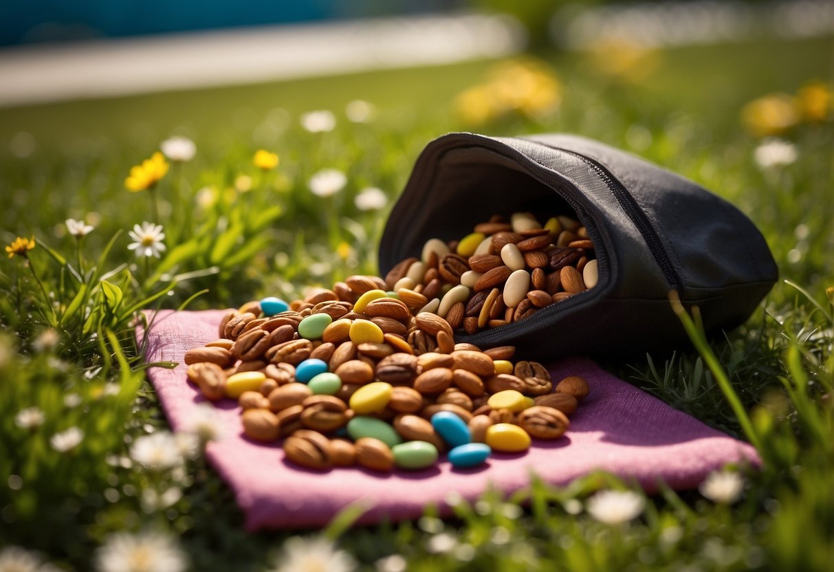 A bag of Trader Joe's Trail Mix sits on a colorful yoga mat surrounded by green grass and blooming flowers. The sun shines down, casting a warm glow on the scene