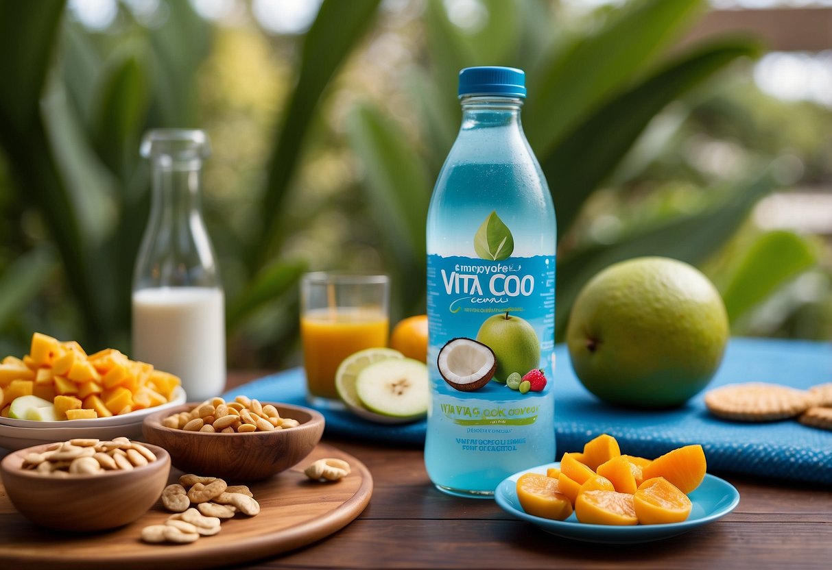 A bottle of Vita Coco coconut water surrounded by 10 different colorful and delicious snacks on a vibrant outdoor yoga mat