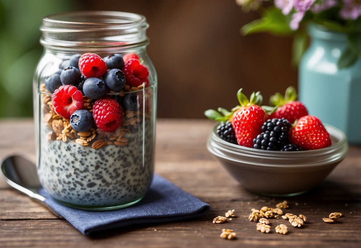 A mason jar filled with creamy chia seed pudding, topped with fresh berries and a sprinkle of granola, sitting on a rustic wooden table next to a yoga mat and water bottle