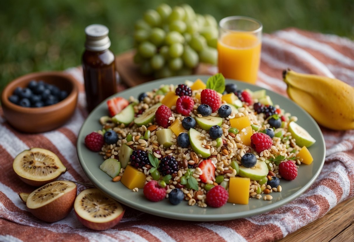 A colorful quinoa salad surrounded by fresh fruits, nuts, and seeds on a picnic blanket next to a yoga mat and water bottle