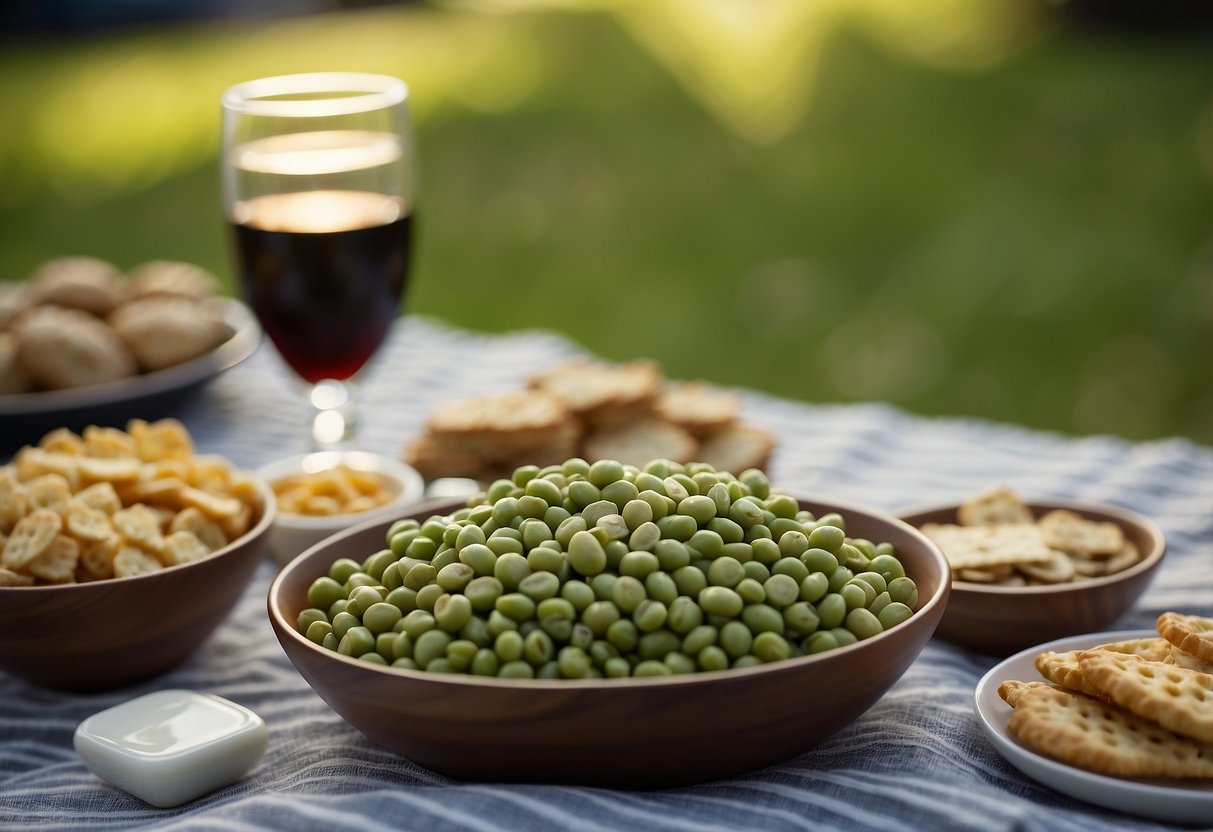 A picnic blanket with a variety of snacks spread out, including a bowl of edamame surrounded by other tasty treats, set against a backdrop of a serene outdoor yoga session