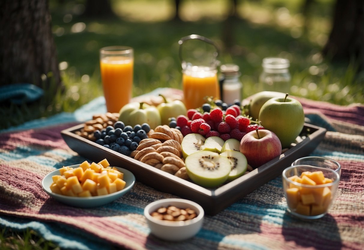 Colorful yoga mat surrounded by nature, with a variety of healthy snacks spread out on a picnic blanket. Sunlight filters through the trees, creating a serene atmosphere for outdoor yoga