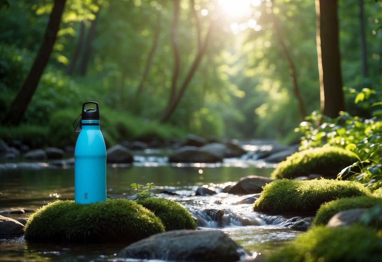 A serene forest clearing with a yoga mat, water bottle, and sunscreen. A peaceful stream flows nearby, surrounded by lush greenery. A clear blue sky and gentle sunlight create a calming atmosphere