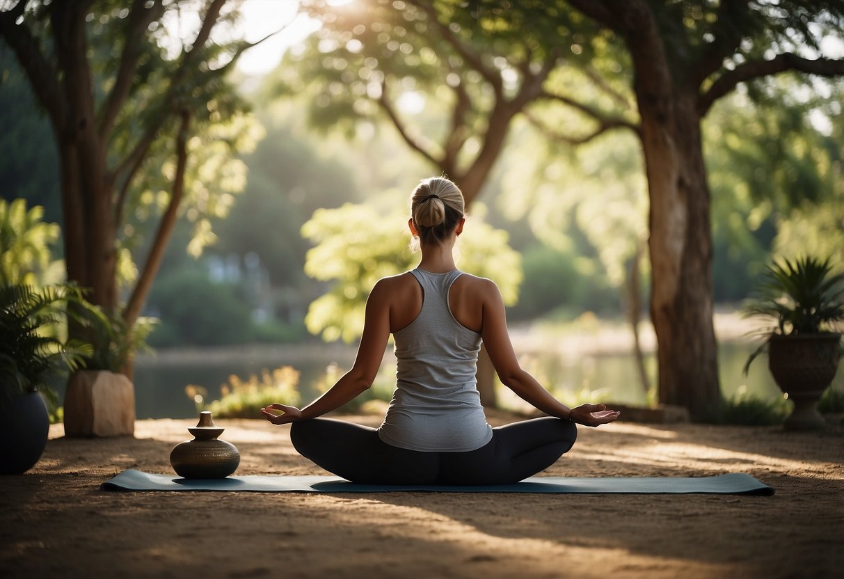 A serene outdoor yoga space, bathed in natural light, with a clear view of the surroundings and a peaceful ambiance