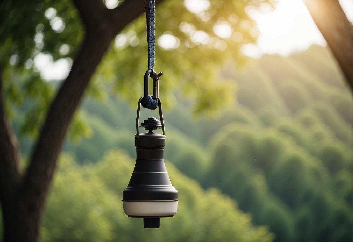 A personal alarm dangles from a yoga mat in a serene outdoor setting, surrounded by trees and peaceful nature