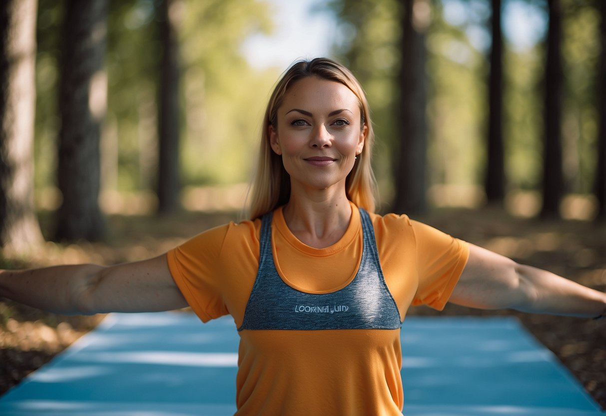 A person in bright, visible clothing practices yoga outdoors, surrounded by trees and a clear blue sky