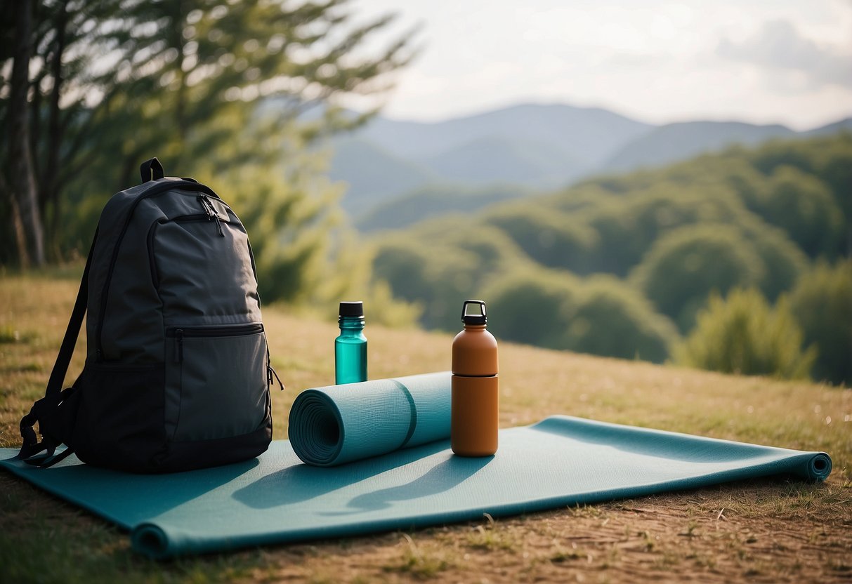 A serene outdoor yoga space with a clear view of surroundings, a yoga mat placed on level ground, a water bottle nearby, and a small backpack with essentials