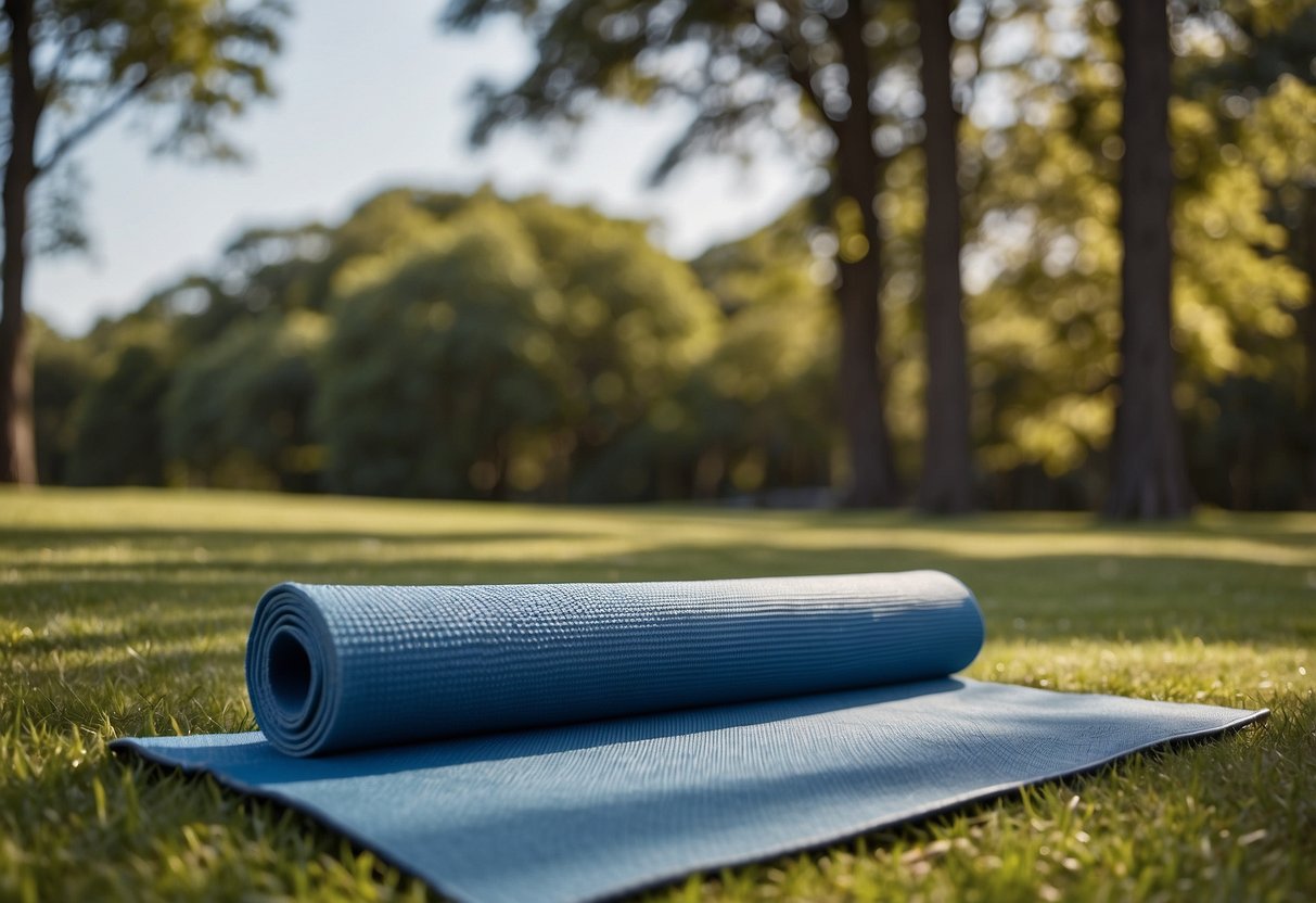 A yoga mat placed on a grassy patch with surrounding trees and a clear blue sky. The mat is textured and slip-resistant, with a serene and peaceful outdoor setting