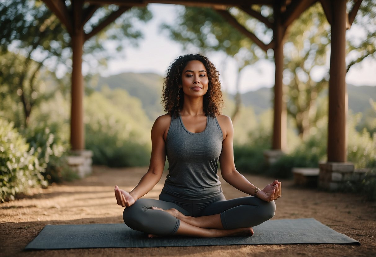 A woman practices yoga in a well-lit, open outdoor space, surrounded by nature. She avoids secluded spots and stays aware of her surroundings for safety