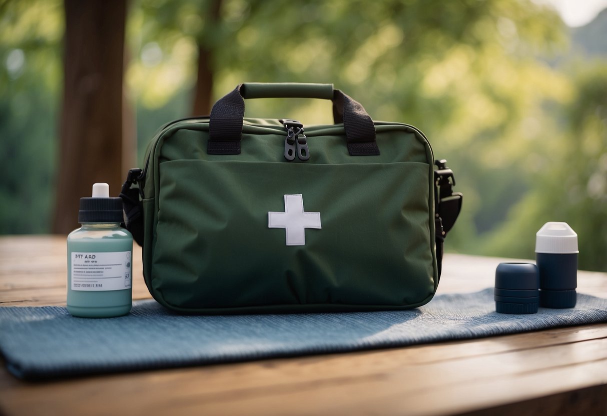 A first aid kit sits atop a yoga mat surrounded by outdoor scenery