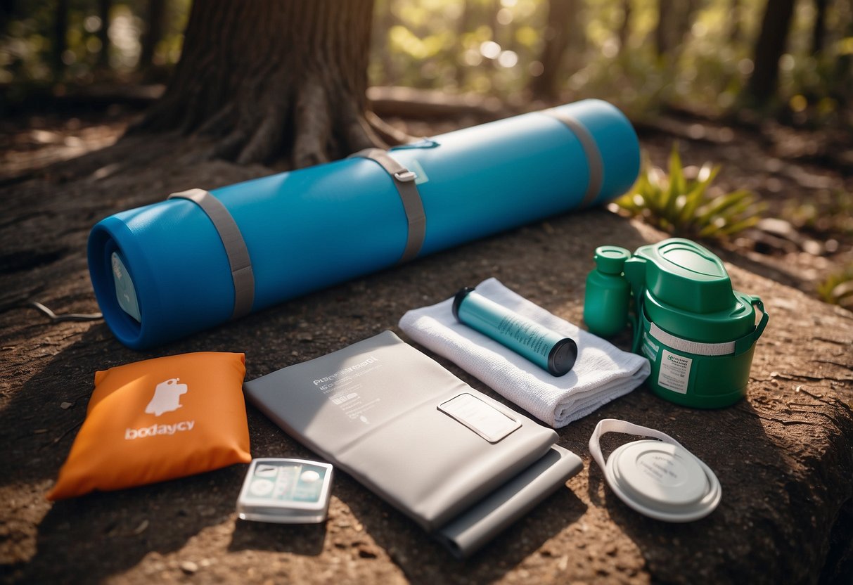 A yoga mat, water bottle, and sunscreen lay on the ground. Nearby, a backpack holds a first aid kit and emergency whistle. A checklist with eight safety tips is taped to a tree