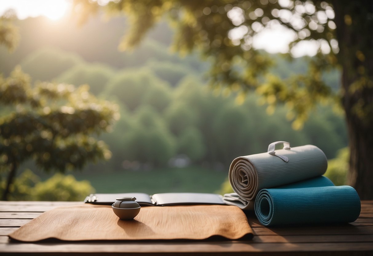 A serene outdoor setting with a yoga mat, surrounded by nature. A sense of calm and tranquility, with safety elements such as a first aid kit and emergency contact information nearby