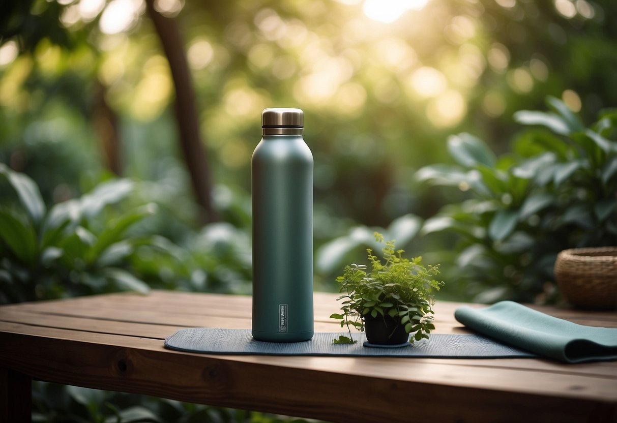 A serene outdoor setting with a yoga mat, reusable water bottle, eco-friendly yoga props, surrounded by lush greenery and natural elements