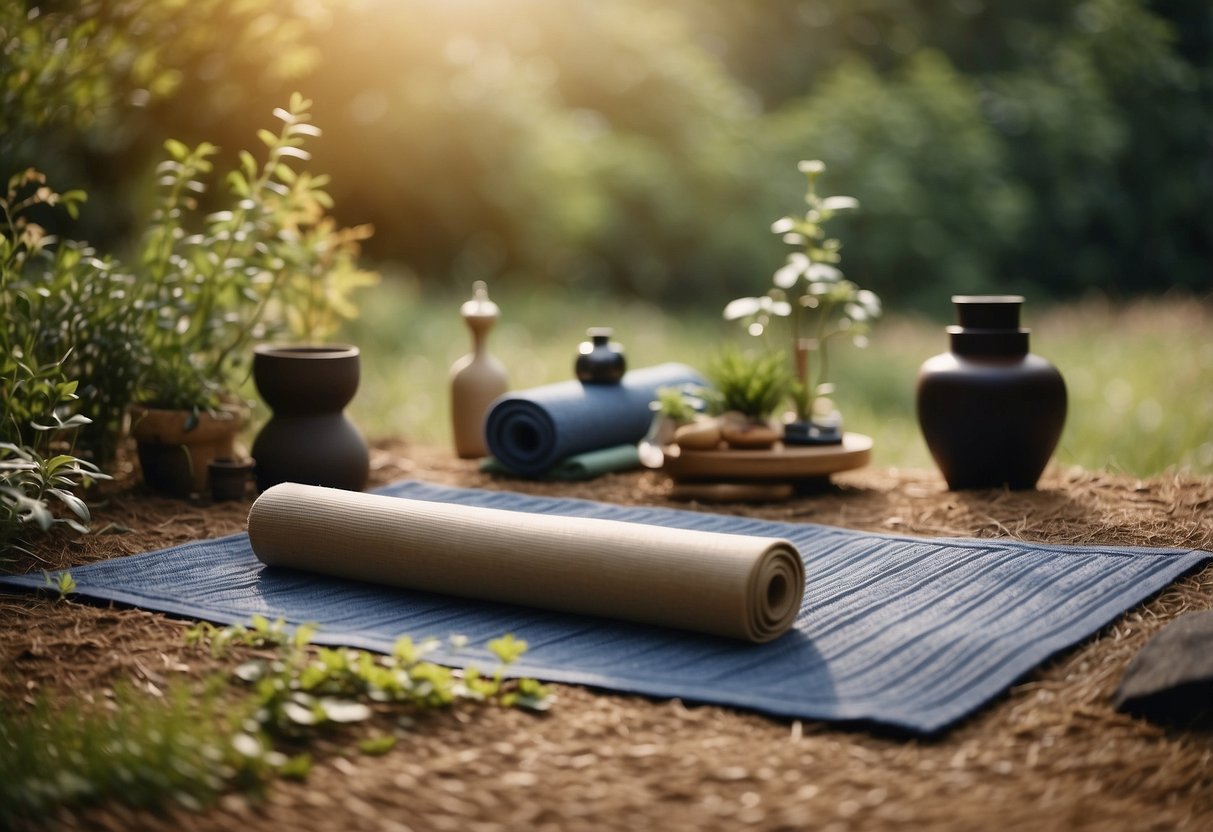 A serene outdoor yoga space with biodegradable mats, surrounded by nature and sustainable props