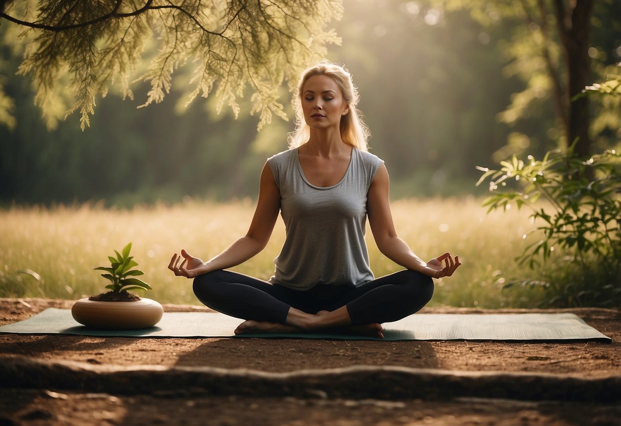 A person in natural fiber clothes practices yoga outdoors, surrounded by eco-friendly props and a sustainable yoga mat