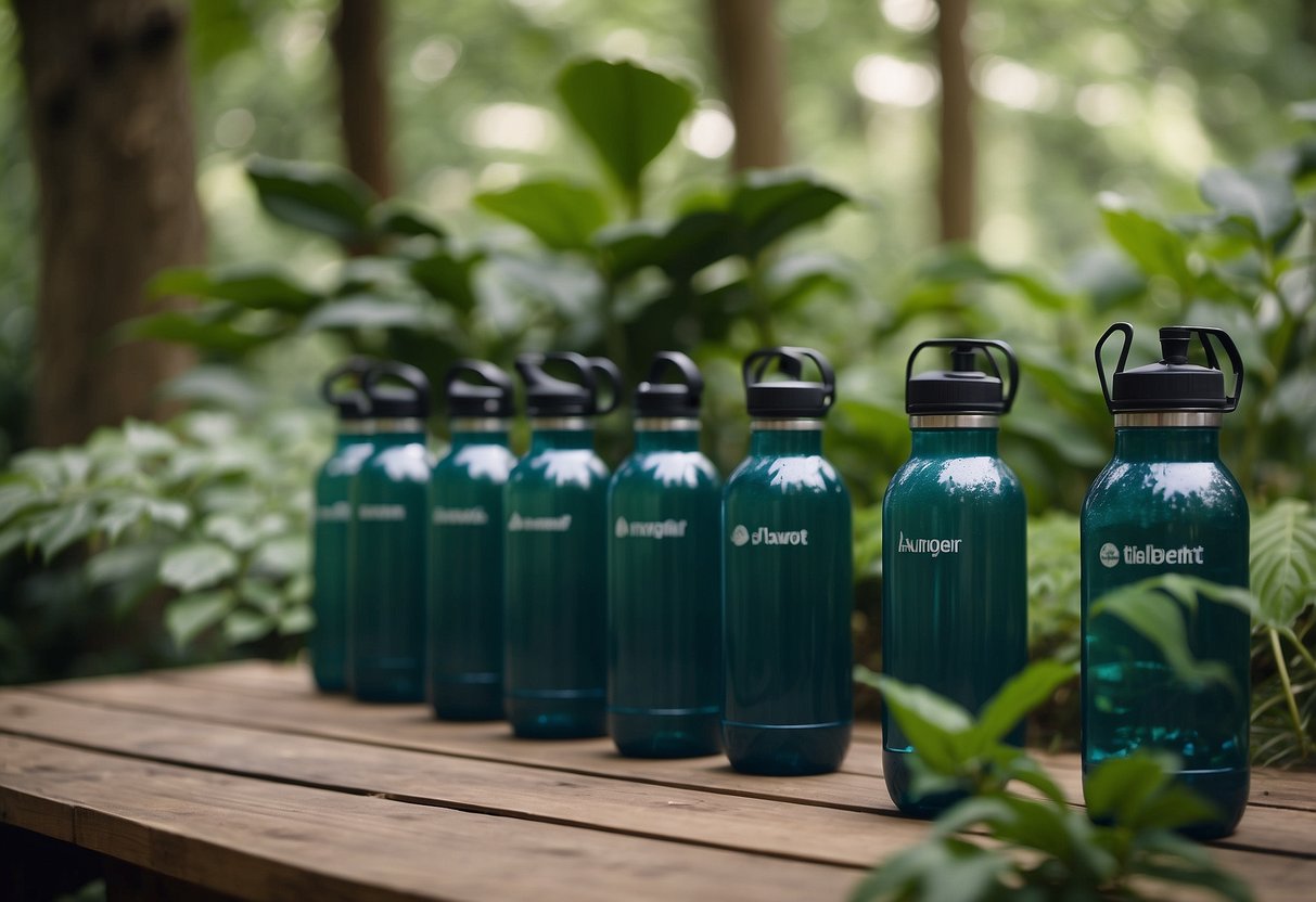 A serene outdoor yoga setting with reusable water bottles placed in the foreground, surrounded by lush greenery and natural elements