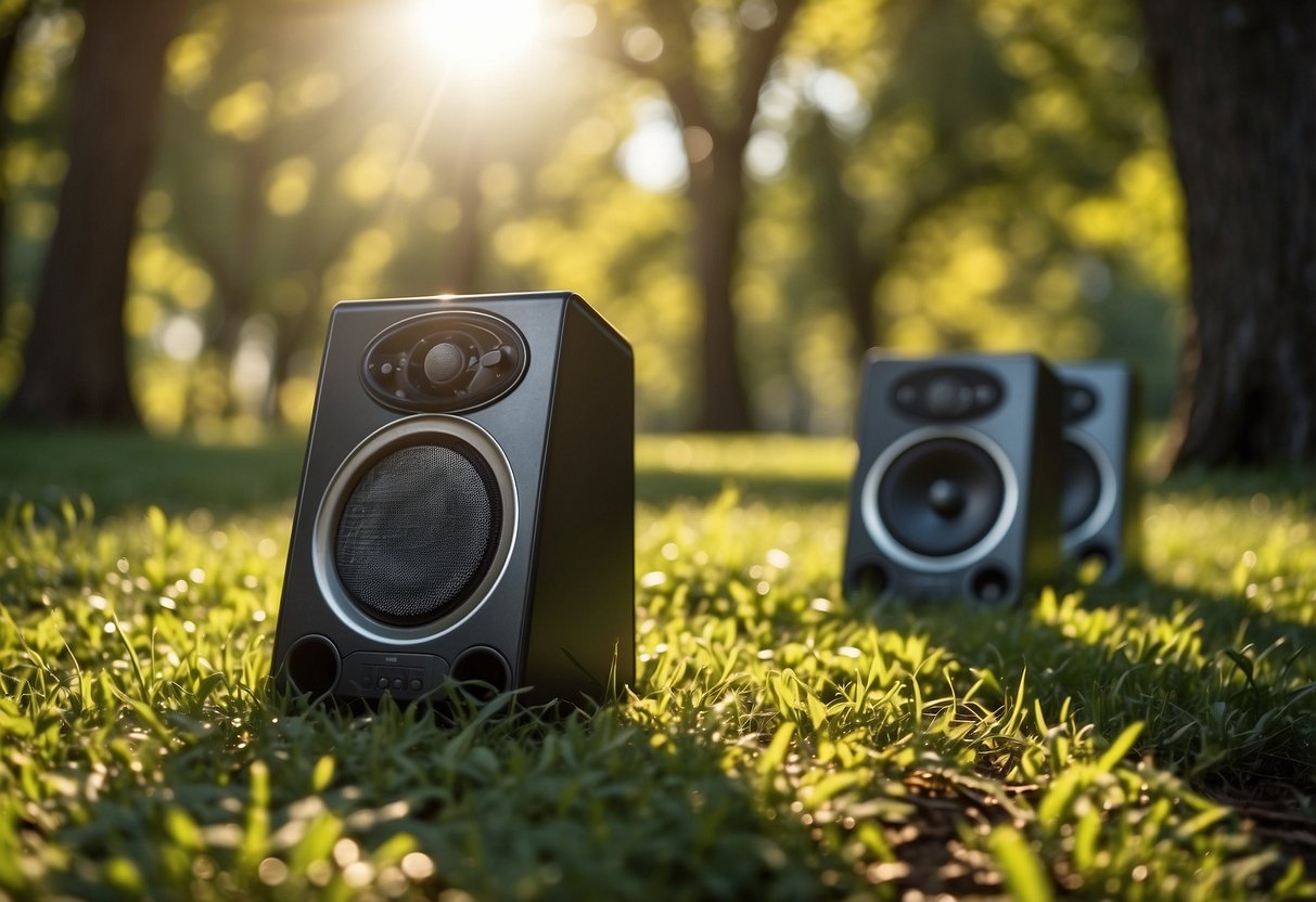 Solar-powered speakers sit on grass, surrounded by trees. Sunlight filters through the leaves, casting dappled shadows on the ground