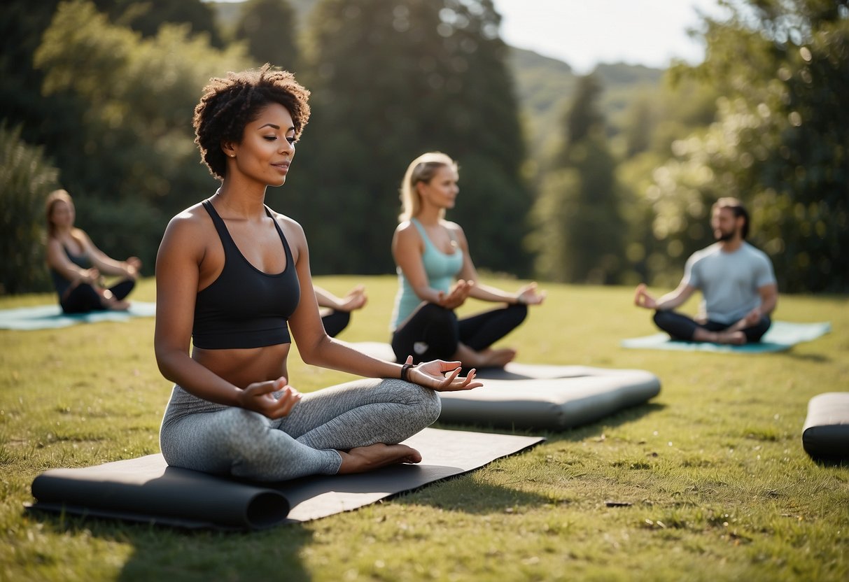 A serene outdoor yoga practice with reusable mats, natural surroundings, and minimal waste. Solar-powered speakers play soothing music while participants use eco-friendly props