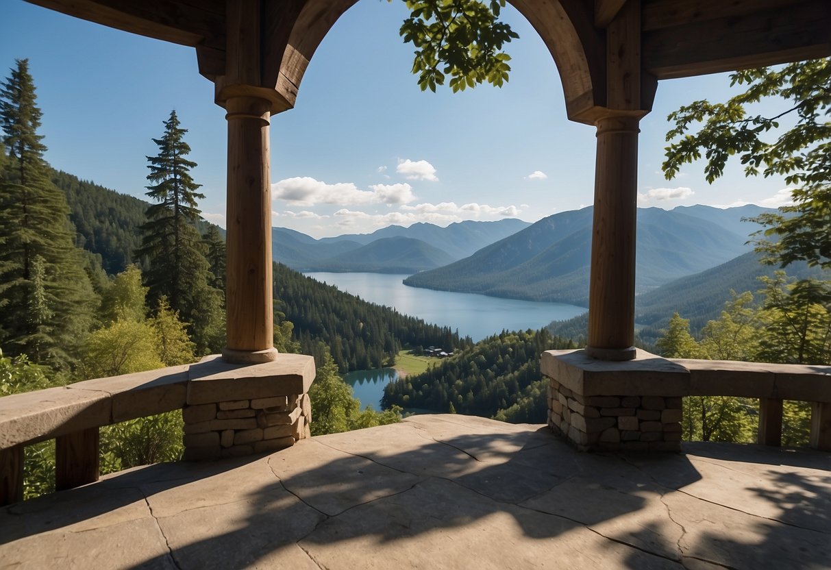 A serene mountain overlook with a clear blue sky, surrounded by lush greenery and a peaceful lake, perfect for outdoor yoga practice