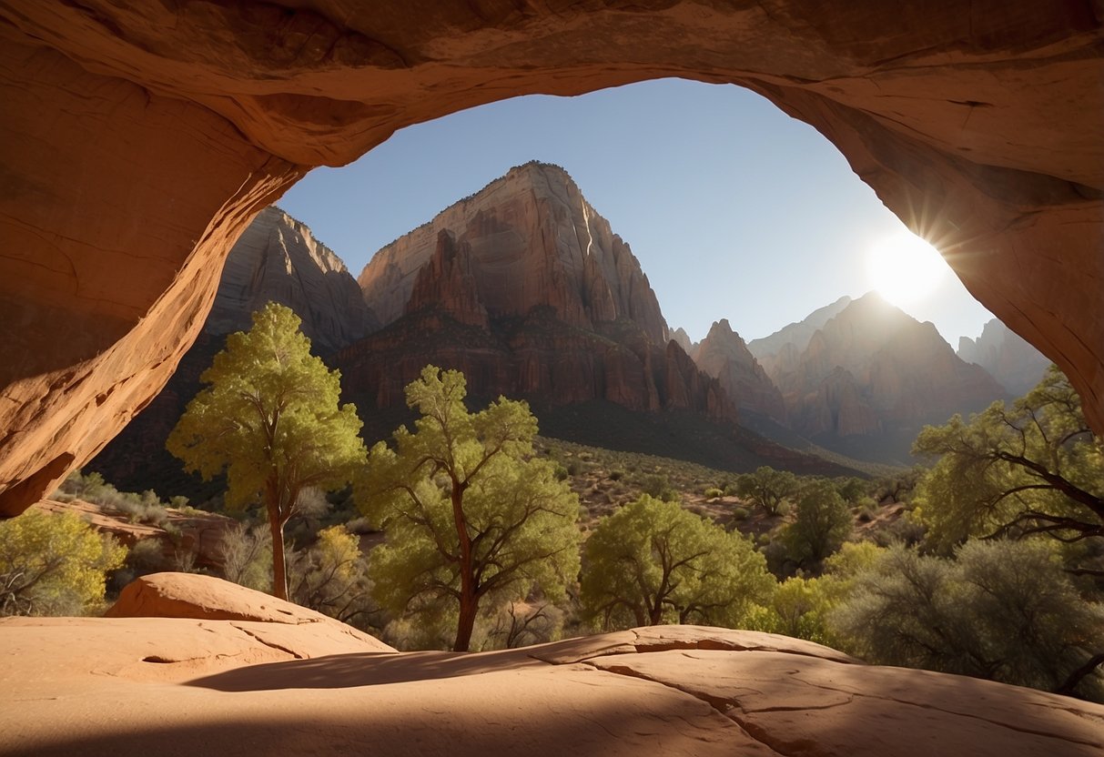 Sunrise over Zion National Park, red rock formations, and lush greenery create a serene outdoor yoga setting