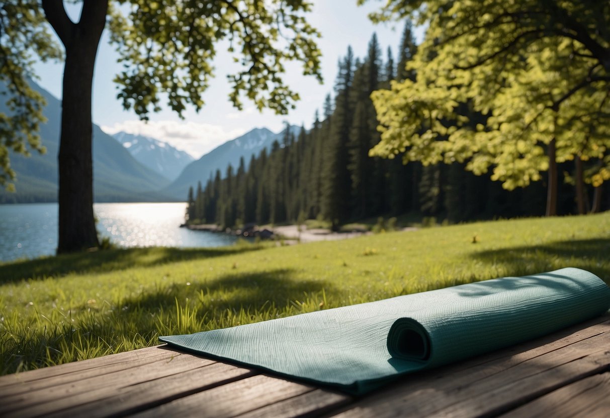 Lush green park with a backdrop of rocky mountains, serene lake, and clear blue skies. Yoga mats spread out on the grass