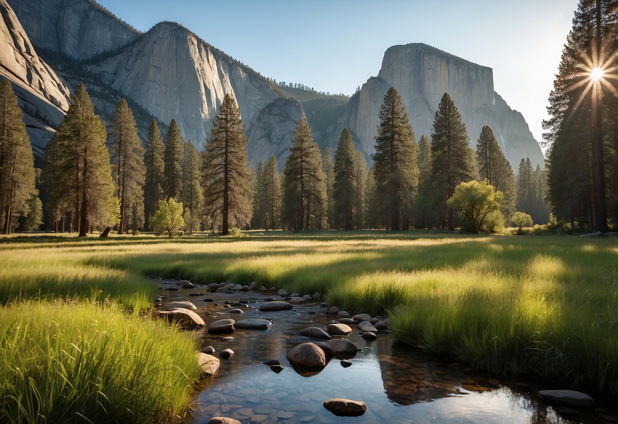 A serene meadow in Yosemite National Park, with towering granite cliffs in the background. A peaceful stream flows through the lush greenery, providing a tranquil setting for outdoor yoga practice