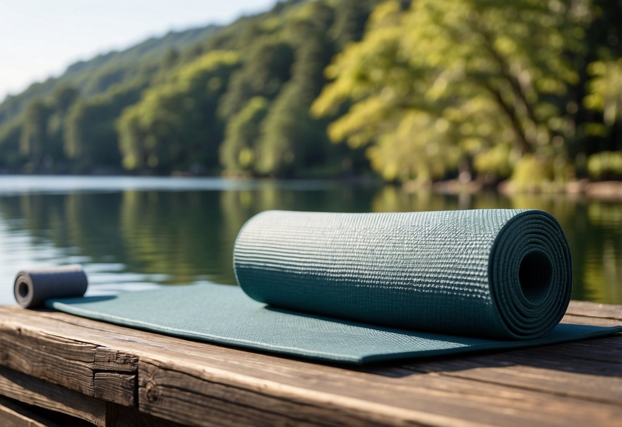 A serene outdoor setting with a clear blue sky, lush greenery, and a peaceful body of water. A yoga mat is placed on the ground, surrounded by nature, ready for a beginner's practice