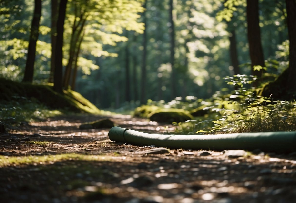 A serene forest clearing with yoga mats laid out under the dappled sunlight. A small stream gurgles nearby, and tall trees provide a peaceful backdrop for outdoor yoga practice