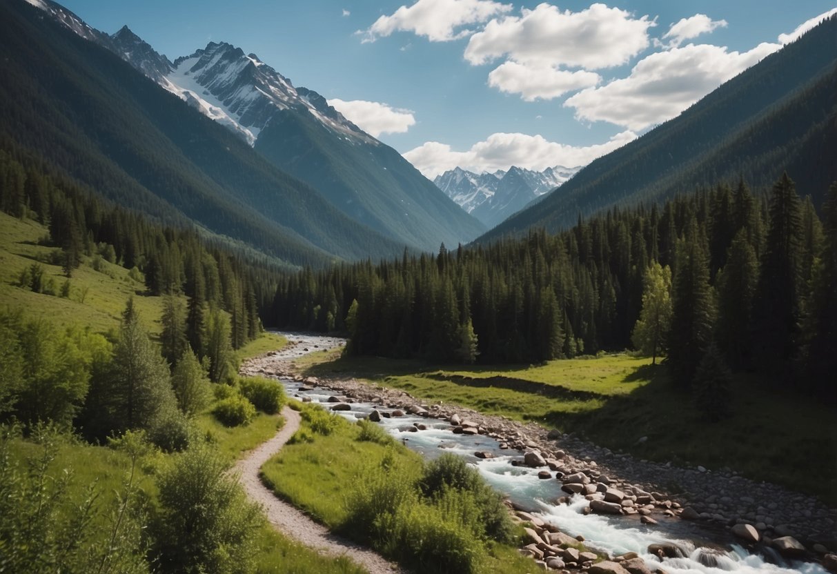 A serene mountain valley with a winding river, surrounded by lush green forests and snow-capped peaks, perfect for a multi-day outdoor yoga retreat