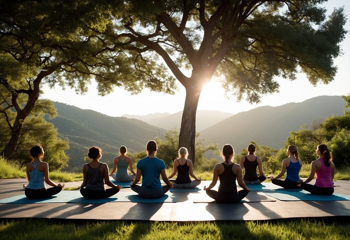 A serene outdoor setting with a spacious yoga platform surrounded by lush greenery, rolling hills, and a clear blue sky. A group of experienced instructors guide participants through various yoga poses and meditation practices