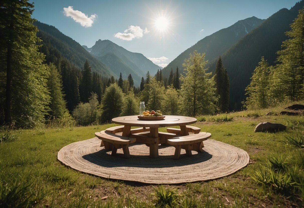 Lush green forest clearing with a picnic table set for healthy meals. Yoga mats laid out in a circle, surrounded by tall trees and a serene mountain backdrop