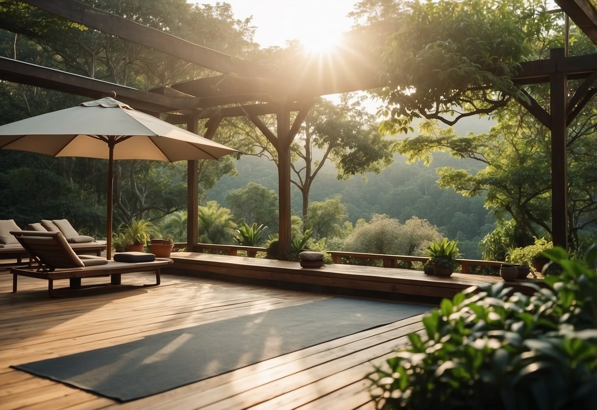 A serene outdoor setting with a spacious yoga platform surrounded by lush greenery and distant mountains. Sunlight filters through the trees, creating a peaceful and inviting atmosphere for a multi-day yoga retreat