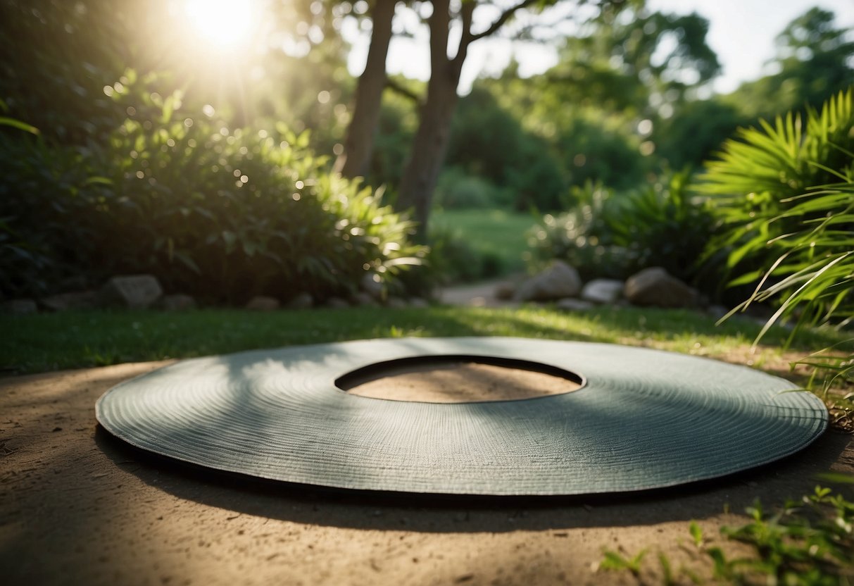 A serene outdoor setting with yoga mats arranged in a circle, surrounded by lush greenery and a peaceful atmosphere. Sunlight filters through the trees, creating a tranquil ambiance for meditation sessions