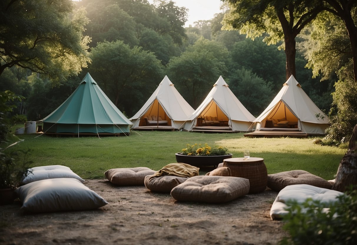 A serene outdoor setting with cozy tents, yoga mats, and seating areas. Surrounded by lush greenery and peaceful nature, creating a tranquil atmosphere for relaxation and rejuvenation