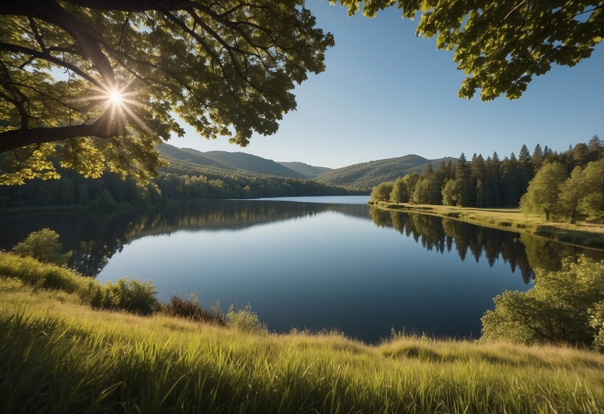 A serene outdoor setting with rolling hills, lush greenery, and a tranquil lake. A spacious area for yoga practice, surrounded by tall trees and clear blue skies