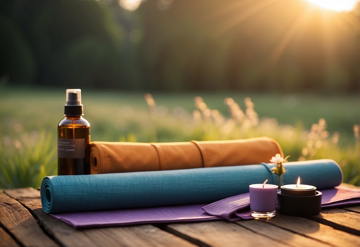 A serene outdoor setting with a yoga mat, schedule planner, pen, water bottle, and nature backdrop. Sunrise or sunset lighting adds a peaceful ambiance