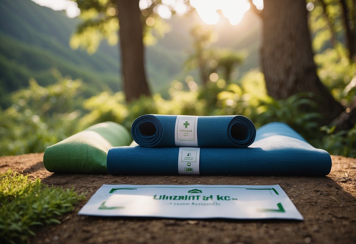 A serene outdoor setting with yoga mats laid out, surrounded by lush greenery and peaceful nature. Safety signs and first aid kits are visible, indicating careful health preparations