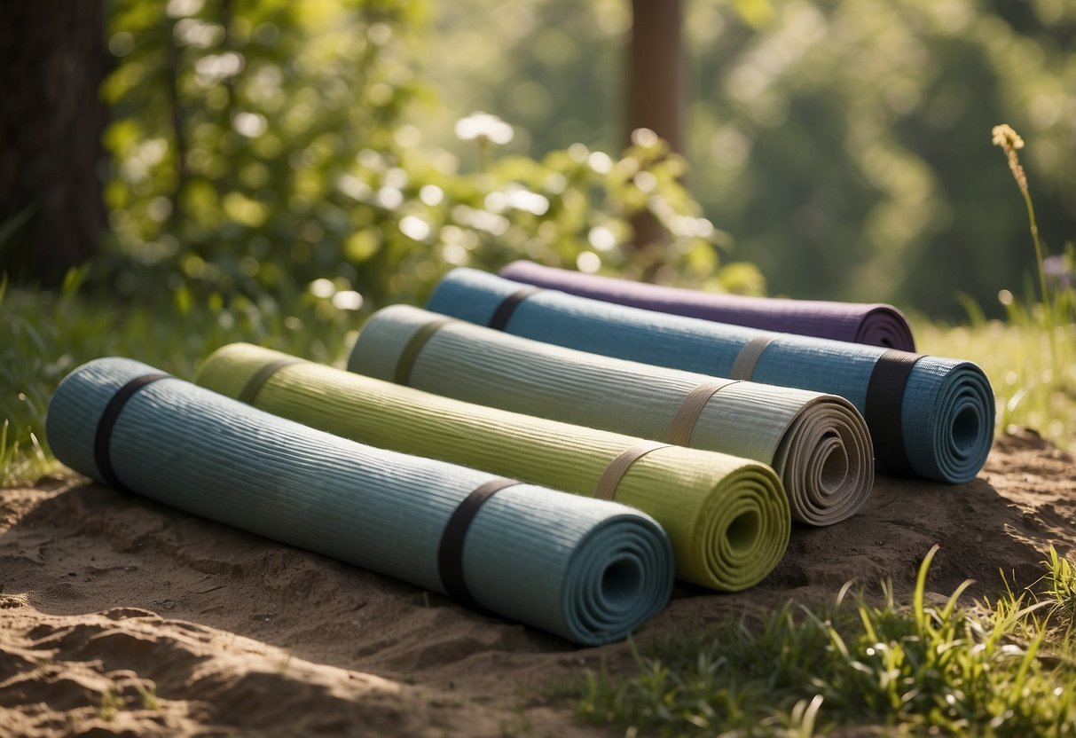 A serene outdoor setting with 5 different yoga mats laid out on a grassy or sandy surface, surrounded by nature and natural light