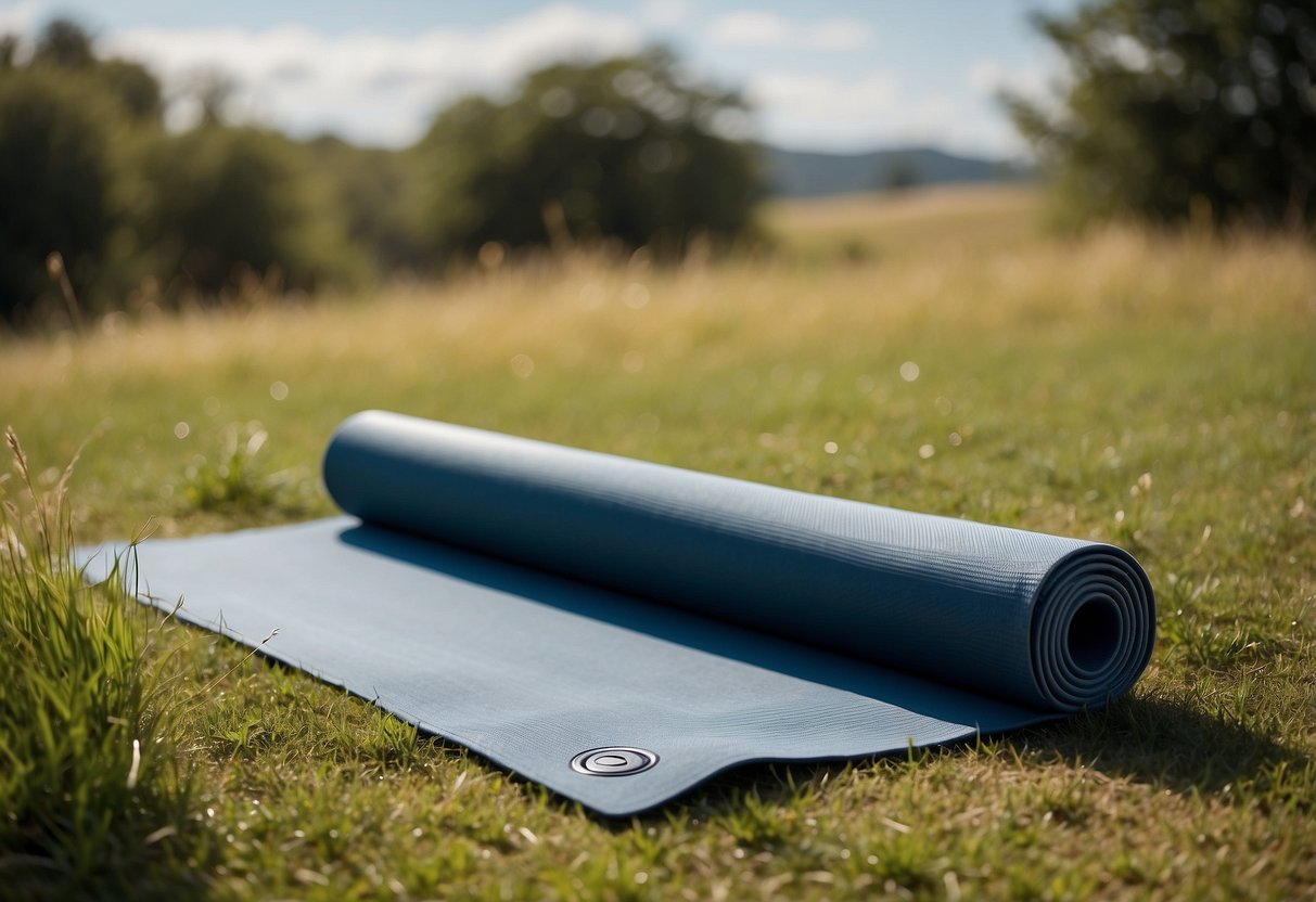 A Manduka PRO 5 yoga mat laid out on a grassy outdoor setting with a clear blue sky and a few scattered clouds above