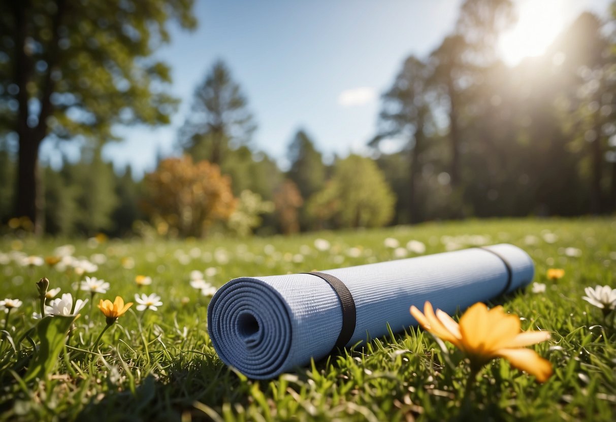 A bright, sunny day in a peaceful outdoor setting with a Gaiam Sol Dry-Grip Yoga Mat laid out on the grass, surrounded by natural elements like trees and flowers