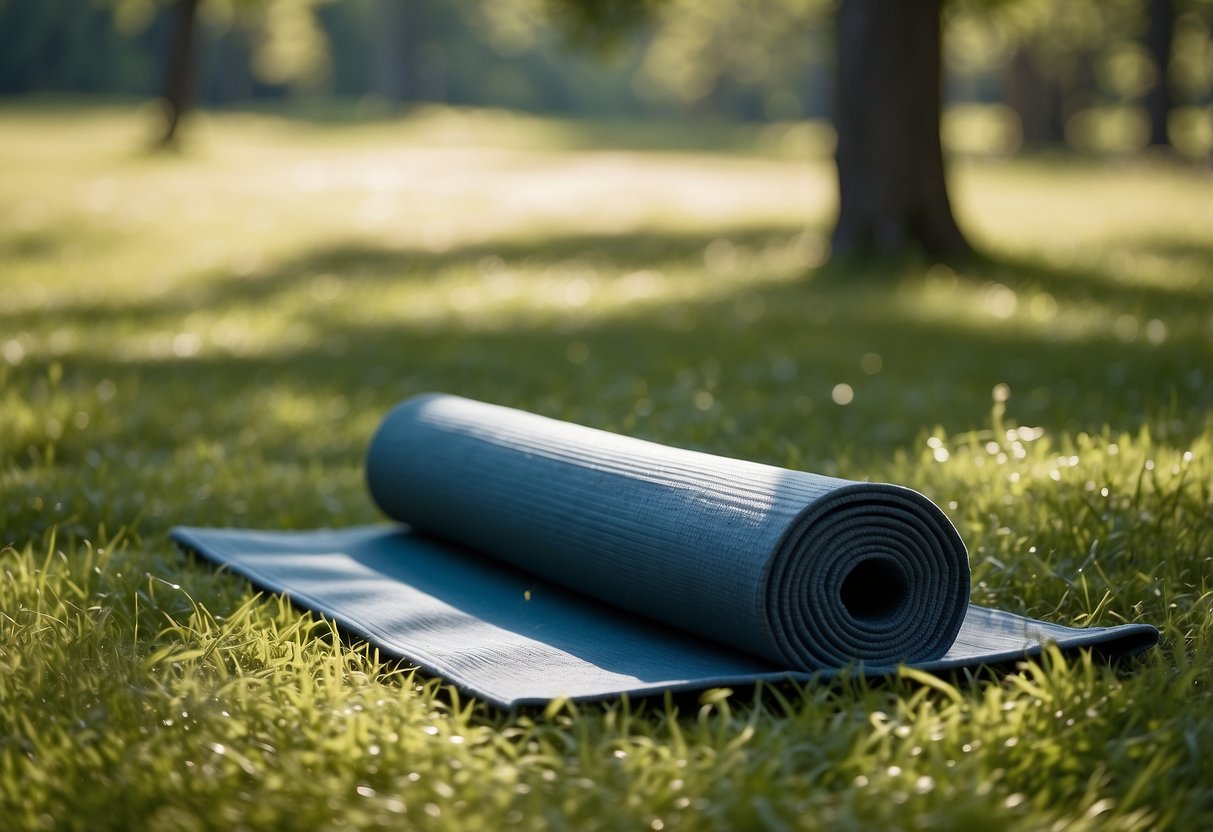 A serene outdoor setting with a PrAna E.C.O. Yoga Mat laid out on lush green grass, surrounded by tall trees and a clear blue sky