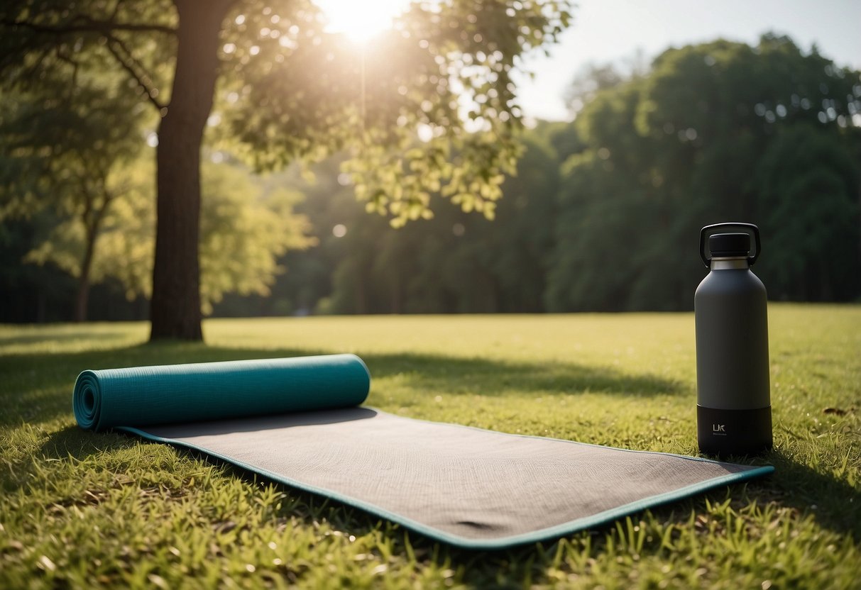 A serene outdoor setting with a yoga mat placed on a grassy patch, surrounded by trees and natural elements. The sun is shining, and there is a sense of tranquility and peace in the air