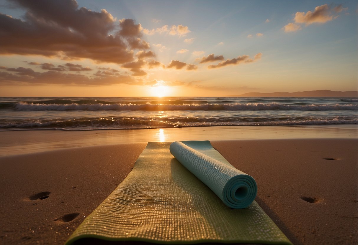 A serene beach at sunset, with a lone yoga mat placed on the golden sand. The calm ocean waves gently lapping the shore, and a colorful sky filled with warm hues in the background