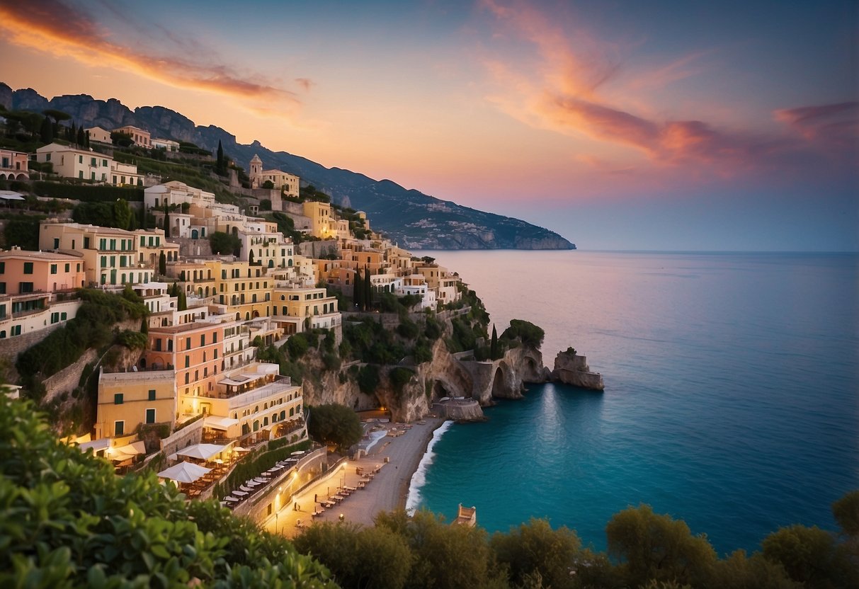 Sunset over the Amalfi Coast, with colorful buildings cascading down the cliffs, turquoise waters, and lush greenery creating a picturesque backdrop for outdoor yoga