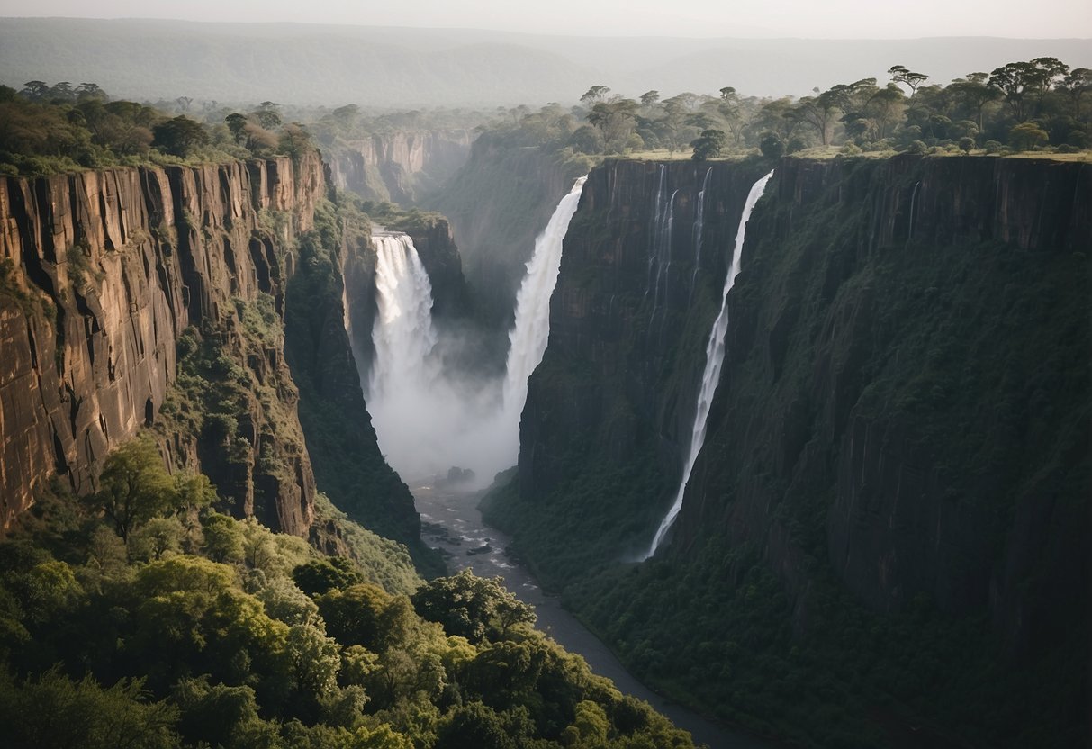 A serene scene at Victoria Falls, with lush greenery and a powerful waterfall cascading into a misty gorge