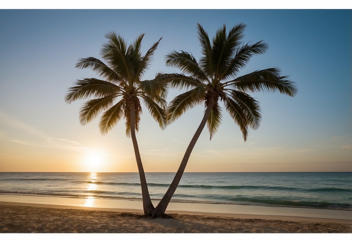 A tranquil beach at sunrise, with calm waves rolling in and a clear sky above. A lone palm tree stands tall on the shore, providing shade for a yoga practice